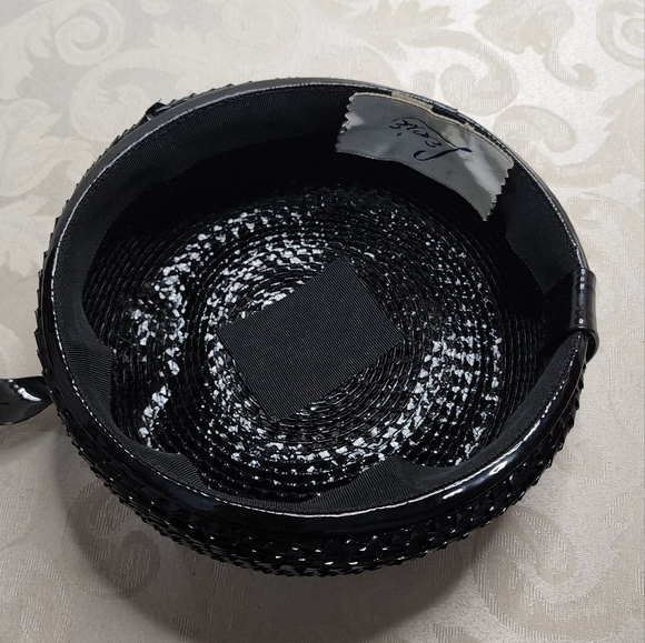 LECIE VINTAGE 50S BLACK STRAW PILLBOX HAT WITH PATENT LEATHER Knot OLD HOLLYWOOD main image 7